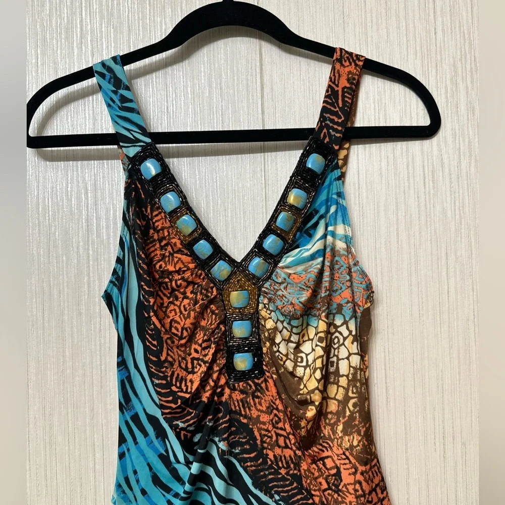 VENUS Y2K Colorful Animal Print With Iridescent Stones Vneck Front Size S - Picture 7 of 8